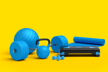 Isometric view of sport equipment like kettlebell dumbbell and barbell on yellow