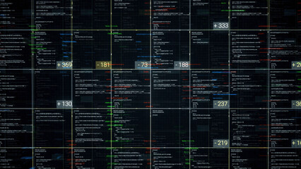 Blocks of abstract program code flowing and changing on black background. Animation. Data flowing on the screen of a computer or laptop, IT, software development and hacking concept.