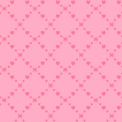 Wall Mural - Netting abstract seamless pattern with butterflys and hearts. Cute grid Y2K background. Nostalgic 2000s vector print. Retro girly lattice backdrop 1990s style