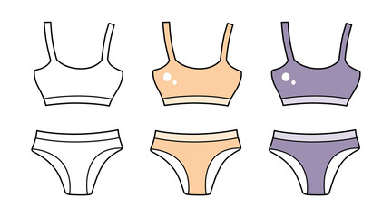 White, beige and black woman sports top lingerie bra and panties or two piece bikini swimsuit isolated cartoon vector set.