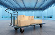© Grispb - Empty warehouse. Cart with boxes in empty warehouse. Interior of re-warehouse without anyone. Cart with cardboard parcels. Trolley for transporting boxes. Hangar for long-term storage. 3d rendering.