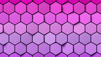 Abstract gradient pink and violet hexagon background; colorful honeycomb pattern concept; close up of hex geometric structure; top view; 3d rendering, 3d illustration