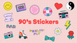 90s Trendy Retro Vector Stickers, Groovy Fun Icons, Editable Stroke and Colors
