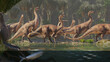 Plateosaurus herd, dinosaurs from the Late Triassic epoch walking along a river 