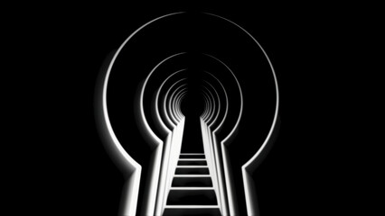 Neon keyhole. Animation. Beautiful neon white tunnel in shape of keyhole on black background. Keyhole animation symbolizing opening or immersion in imagination