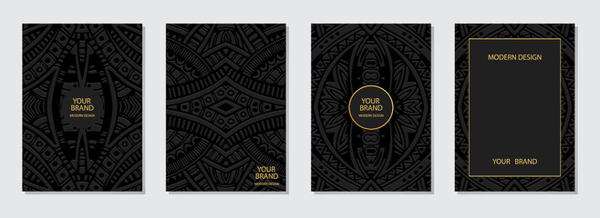 Cover design set, vertical templates, text frame. Original collection of embossed black backgrounds. Ethnic 3d pattern. Handmade style. Motives of the East, Asia, India, Mexico, Aztecs, Peru.