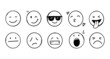 Doodle Emoji face icon set. Hand drawn sketch style. Emoji with different emotion mood, happy, sad, smile face. Comic line art vector illustration.