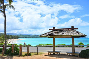  Ocean view bus stop in front of near Kailua and Lanikai Beach on the windward side of Oahu, Hawaii