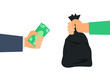 © tarikdiz - businessman hand holding money cash buy trash bag waste recycling industry vector illustration