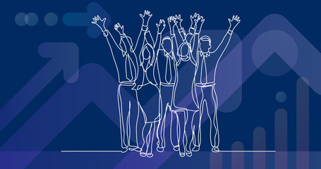 Wall Mural - continuous line drawing of standing office team cheering waving hands