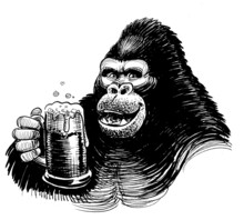 Gorilla With A Mug Of Beer. Ink Black And White Drawing