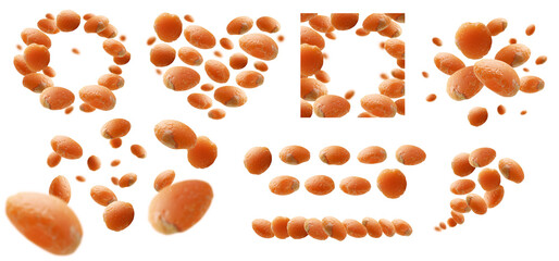 Wall Mural - A set of photos. Red lentils levitate on a white background
