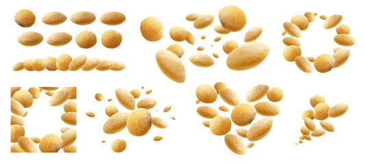 Wall Mural - A set of photos. Yellow lentils levitate on a white background
