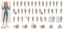 Big Set Of Office Woman Wear Green Suit Character Vector Design. Presentation In Various Action. People Working In Office Planning, Thinking And Economic Analysis.