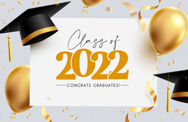 Wall Mural - Graduation greeting vector template design. Congrats graduates text in white board space with 3d mortarboard cap, balloons and gold confetti for class of 2022 celebration messages. Vector illustration