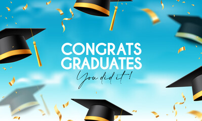 Graduation greeting vector background design. Congrats graduates text with 3d cap throwing celebration and elegant gold confetti for graduation ceremony messages. Vector illustration.
