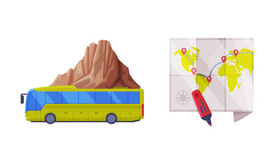 Poster - Map and Long Bus with Mountain as Travel and Tourism Vector Set