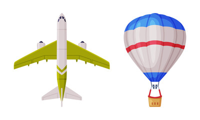 Sticker - Hot Air Balloon and Passenger Plane as Travel and Tourism Symbol Vector Set