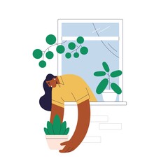 Happy woman in open window decorating house wall from outside. Person with potted home plant in hands. Female with houseplant for urban jungle. Flat vector illustration isolated on white background