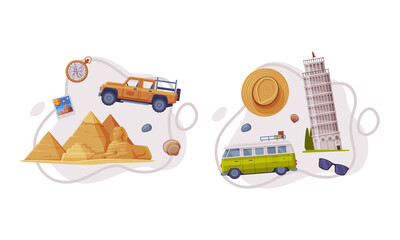 Sticker - Travel and Tourism Attribute with Leaning Pisa Tower and Egypt Pyramid as City Landmark Vector Composition Set