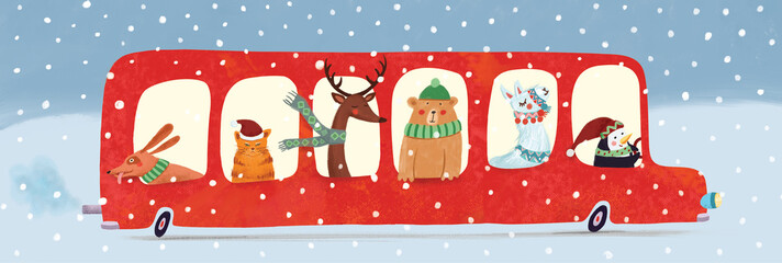 Holiday Bus. Whimsical colorful christmas new year illustration of a red bus with festive animals cartoon characters celebrating winter holidays. 