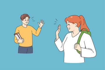 Smiling diverse colleagues say bye wave with hand after job in office. Happy man and woman employees or coworkers greeting or show hello. Friendship and communication. Vector illustration. 