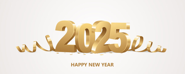 Wall Mural - Happy New Year 2025. Golden 3D numbers with ribbons and confetti on a white background.