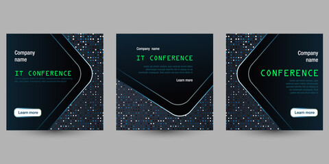 Instagram social media post background template for business Christmas celebration, information technology web conference, IT forum. dark blue black abstract vector square layout