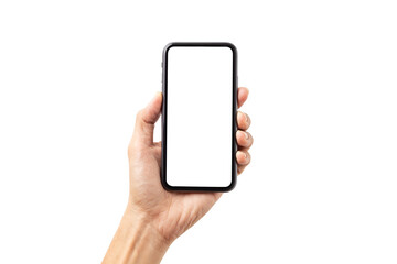 Wall Mural - Hand man holding mobile smartphone with blank screen with space for inserting advertising text. isolated on white background with clipping path