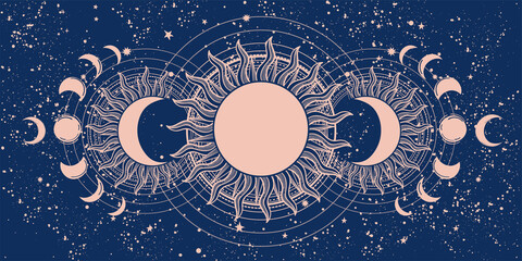 Wall Mural - vintage tarot banner, sun and moon phases, full moon on blue background. mystical background for ast