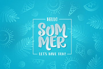 Wall Mural - Summer vector background design. Summer hello greeting text in blue abstract space for tropical season. Vector illustration.

