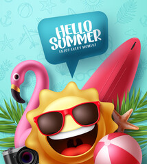 Wall Mural - summer vector poster design. hello summer greeting text in speech bubble with sun emoji character in