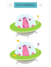 Space Activities For Kids. Spot 5 Differences. Cute Alien In Spacecraft. Vector Illustration.