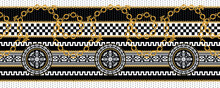 Seamless Pattern Decorated With Precious Stones, Gold Chains And Pearls.	