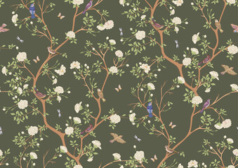 Wall Mural - Camellia blossom tree With sparrow, finches, butterflies, dragonflies. Seamless pattern, background. Vector illustration. In botanical style