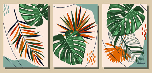 Wall Mural - Abstract tropical leaves art set. Botanical art vector for print, cover, wallpaper, natural wall art.