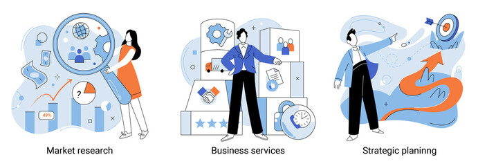 Wall Mural - Business services metaphor, strategic planning, market research, project management flat vector illustrations set. Teamwork to achieve goal and increase results and profits, accounting business audit