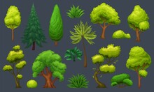 Trees And Bushes. Green Shrubs, Bonsai, Garden And Forest Trees Vector Illustration. Icons For Design Landscape Park, Forest, Backyard.