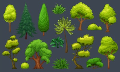 Trees and bushes. Green shrubs, bonsai, garden and forest trees vector illustration. Icons for design landscape park, forest, backyard.