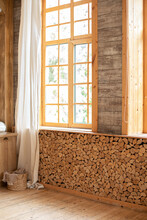 Interior Eco Room With Wooden Window With With White Linen Curtain And Logs Decoration Wall On A Sunny Day Indoor Shot. Scandinavian Room. Big Wooden Window With Frame And Window Sill 