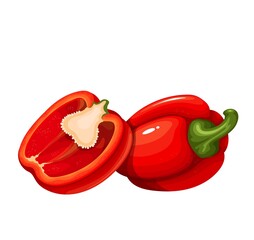 Wall Mural - Whole red sweet pepper vegetable and half red bell pepper. Vector illustration.