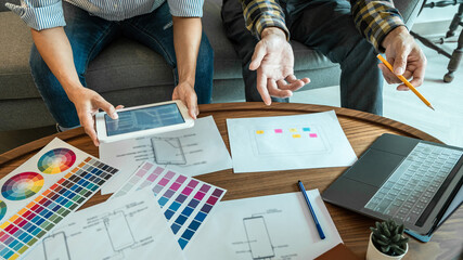 Wall Mural - professional creative team of web/graphic designer planning, drawing website ux app for mobile phone