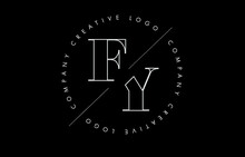 White Outline Fy F Y Letter Logo With Cut And Intersected Design And Circled Frame On Black Background.
