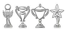 Cups Award Outline Icons Set. First Place Winner, Trophy Cup, Sport Award And Goblet. Drawn Monochrome Cup Statue High Chalice First Place. Vector Illustration.