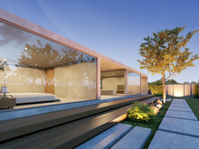 3d Rendering Of White Luxury Concrete House With Lawn Garden, Modern Architecture Design.