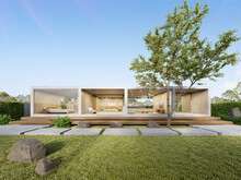 3d Rendering Of White Luxury Concrete House With Lawn Garden, Modern Architecture Design.