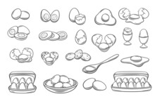 Fresh And Boiled Eggs, Outline Icons. Simple Engraving Broken Chicken And Quail Eggs With Cracked Eggshell, In Cardboard Box And In Bowl, Drawn Boiled Eggs Half And Slices Vector Illustration.