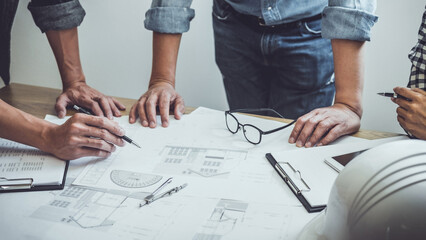 Wall Mural - architecture engineer teamwork meeting, drawing and working for architectural project and engineerin