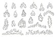 Fire and flames outline icon set. Contour bonfire, linear flaming elements. Hand drawn monochrome different fire flame vector illustration.
