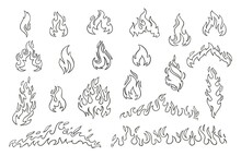 Fire And Flames Outline Icon Set. Contour Bonfire, Linear Flaming Elements. Hand Drawn Monochrome Different Fire Flame Vector Illustration.